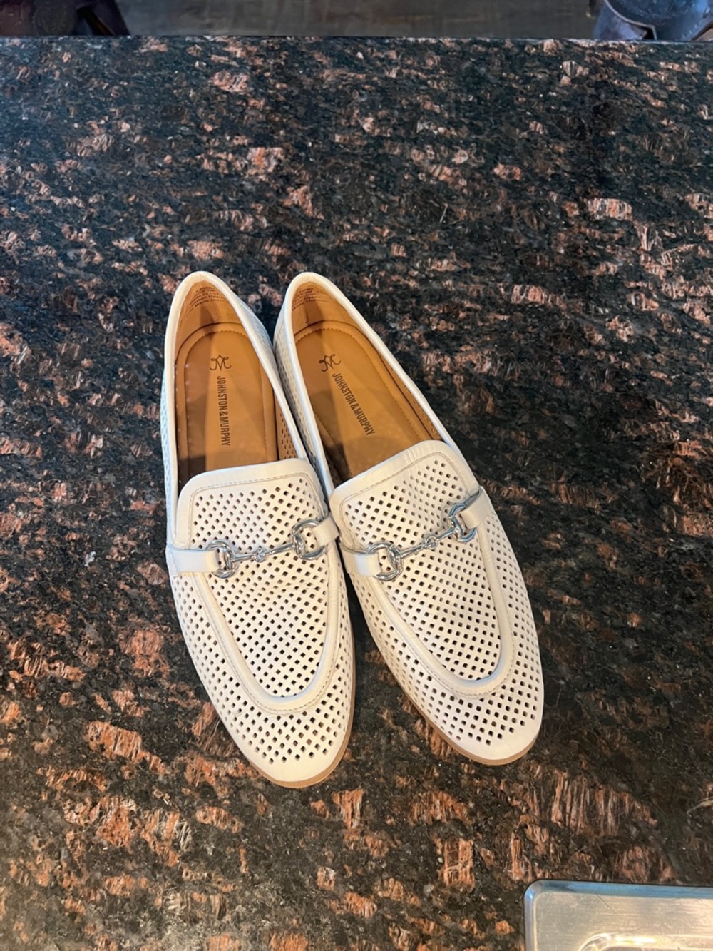 Johnston & Murphy White Perforated Leather Slip-On Loafers with Silver Horsebit
